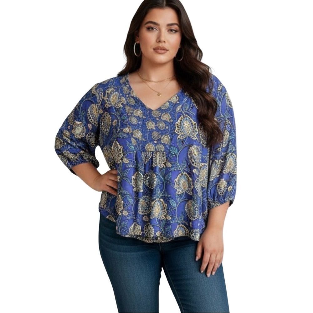 🛍️ Women’s blue yellow floral 3/4” sleeve pullover high low blouse plus size 2X